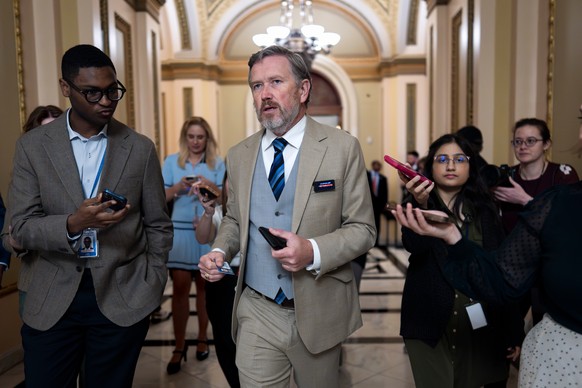 Rep. Thomas Massie, R-Ky., leaves the chamber where work came to a standstill as Speaker Mike Johnson and Republican lawmakers are tangled over various issues, including the Homeland Security funds, a ...