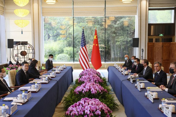 U.S. Secretary of State Antony Blinken, second right, meets with Chinese Foreign Minister Qin Gang, second left, at the Diaoyutai State Guesthouse in Beijing, China, Sunday, June 18, 2023. (Leah Milli ...
