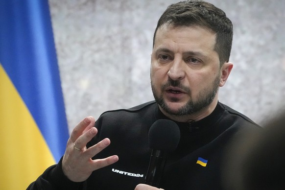 FILE - Ukrainian President Volodymyr Zelenskyy speaks during his press conference on the occasion of the Russia Ukraine war one year anniversary in Kyiv, Ukraine, Friday, Feb. 24, 2023. The U.K. Supre ...