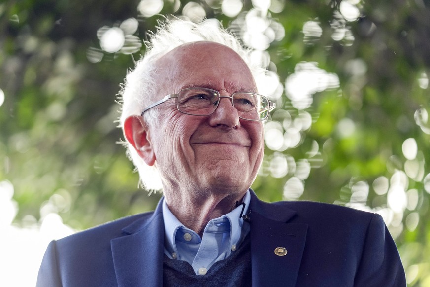 FILE - Sen. Bernie Sanders, I-Vt., smiles as he addresses Unite Here Local 11 workers holding a rally, April 5, 2024, in Los Angeles. Sanders is running for re-election. The 82-year-old, from Vermont, ...