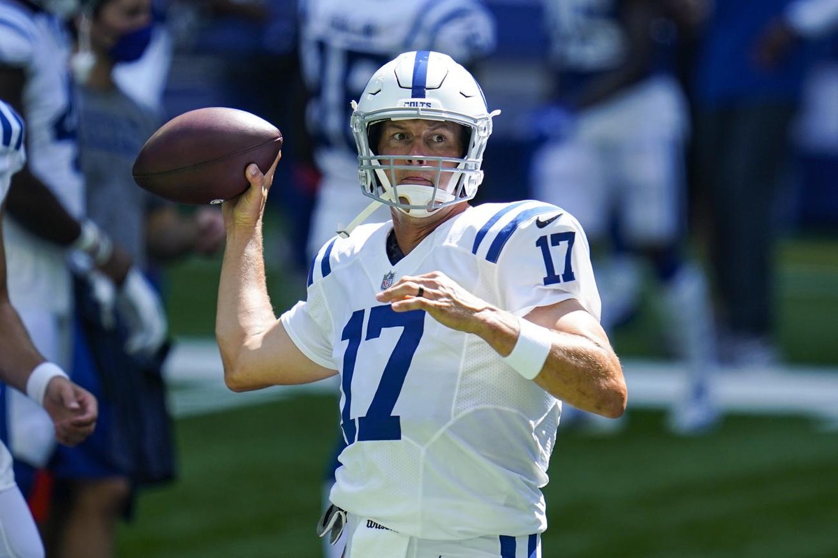 Indianapolis Colts quarterback Philip Rivers (17) throws during practice at the NFL team's football training camp at Lucas Oil Stadium in Indianapolis, Monday, Aug. 24, 2020. (AP Photo/Michael Co ...