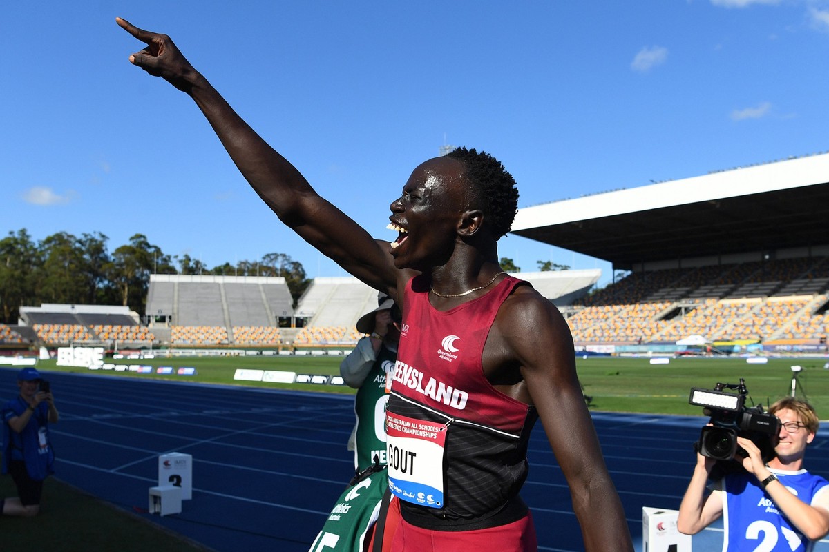 ATHLETICS AUSTRALIAN SCHOOLS, Gout Gout of Australia celebrates winning the U18s, 100m final during the Australian All Schools Athletics Championships at Queensland and Athletics Centre in Brisbane, F ...