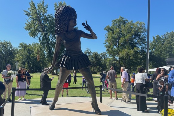 A newly-unveiled statue of singer Tina Turner stands at a park on Saturday, Sept. 27, 2025, in Brownsville, Tenn. (AP Photo/Adrian Sainz).
Tina Turner-Statue