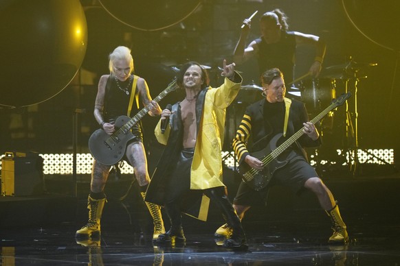 The Rasmus from Finland singing &#039;Jezebel&#039; performs during rehearsals at the Eurovision Song Contest in Turin, Italy, Wednesday, May 11, 2022. (AP Photo/Luca Bruno)