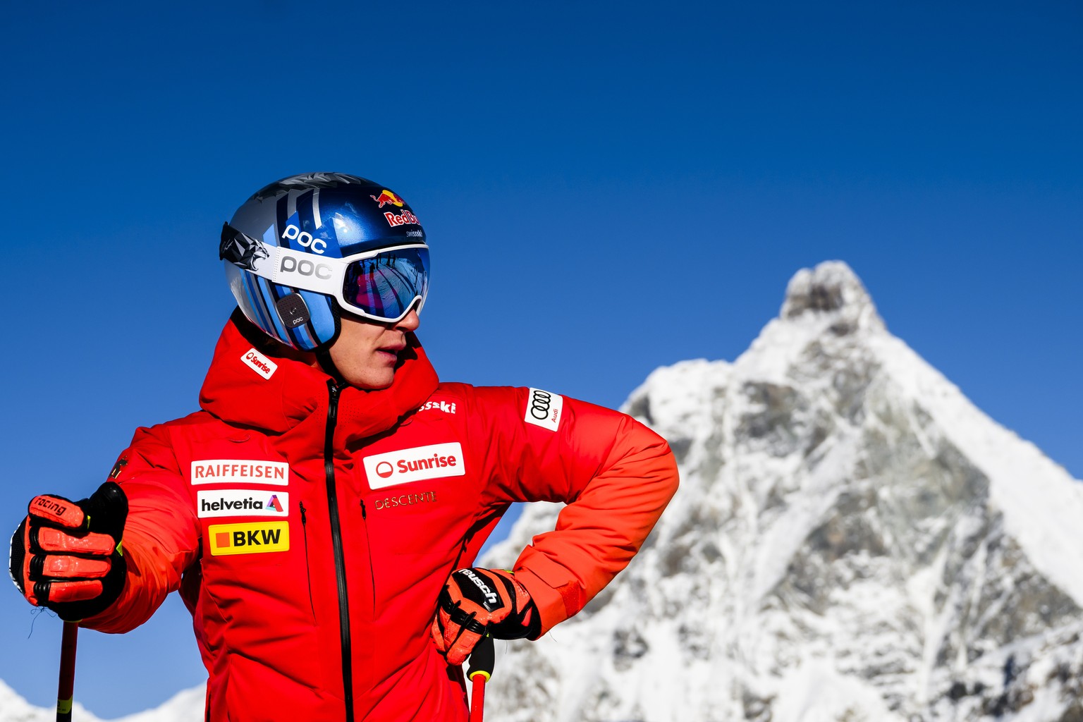 epa10964409 Marco Odermatt of Switzerland inspects the slope before the men&#039;s downhill training race on the new ski course &#039;Gran Becca&#039; at the Alpine Skiing FIS Ski World Cup, between Z ...