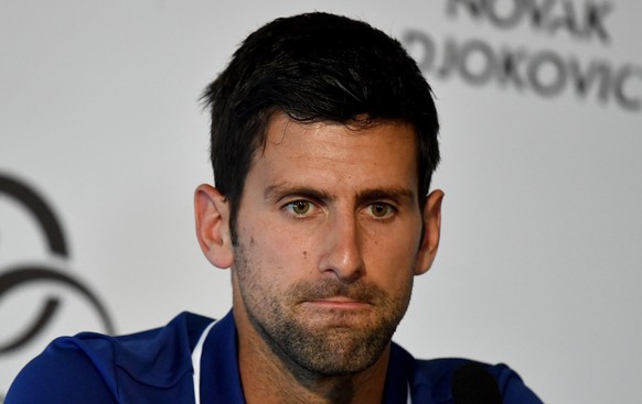 epa06110807 Serbian tennis player Novak Djokovic speaks during a press conference in Belgrade, Serbia, on 26 July 2017. Djokovic announced that he will not play again in the 2017 season due to an elbo ...