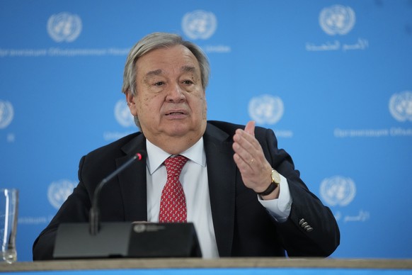 FILE - U.N. Secretary General Antonio Guterres addresses the media during a visit to the U.N. office in the capital Nairobi, Kenya, May 3, 2023. The 193 U.N. member nations have adopted the first-ever ...