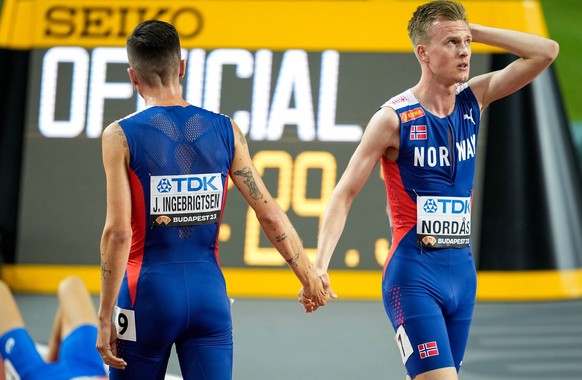 Friidretts-VM 2023: Dag 5 Budapest, Ungarn 20230823. Narve Gilje Nordas bronse og Jakob Ingebrigtsen solv etter 1500 meter finalen under VM i friidrett 2023 pa National Athletics Center i Budapest, Un ...