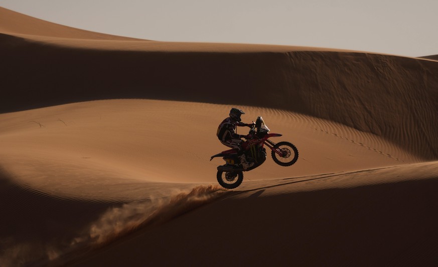 Rider Ricky Brabec competes during the eighth stage of the Dakar Rally with a start and finish at Wadi Ad Dawasir, Saudi Arabia, Monday, Jan.12, 2026. (AP Photo/Thibault Camus)
Saudi Arabia Dakar Rall ...