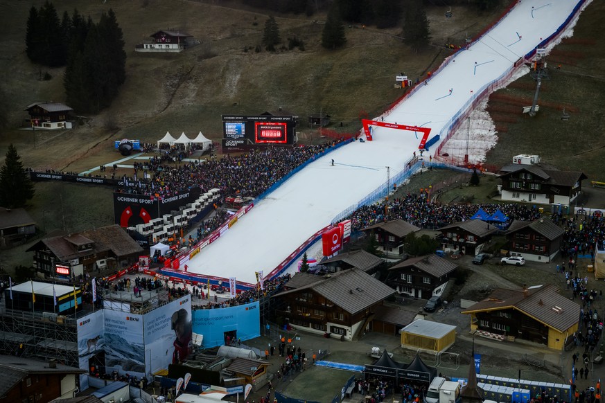 A aerial view of the race track before the first run of the men&#039;s giant slalom race at the Alpine Skiing FIS Ski World Cup in Adelboden, Switzerland, Saturday, January 7, 2023. (KEYSTONE/Jean-Chr ...