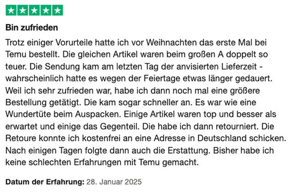 Temu-Bewertung auf Trustpilot