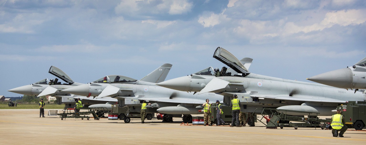 epa05919596 A handout photo made available on 21 April 2017 by the British Ministry of Defence (MOD) showing British Royal Air Force Typhoons of 1 Squadron, RAF Lossiemouth, prepare for Exercise Atlan ...