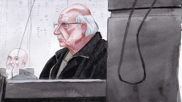 This courtroom sketch by Valentin Pasquier shows Joel Le Scouarnec, now 74, sitting in courtroom and accused of raping or abusing 299 people, mostly child patients, at the Vannes courthouse, western F ...