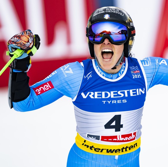 The winner Federica Brignone of Italy reacts in the finish area during the second run of the women&#039;s Giant Slalom race at the 2025 FIS Alpine World Ski Championships, in Saalbach-Hinterglemm, Aus ...