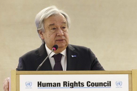 U.N. Secretary-General Antonio Guterres adresses his statement, during the opening of the High-Level Segment of the 52nd session of the Human Rights Council, at the European headquarters of the United ...