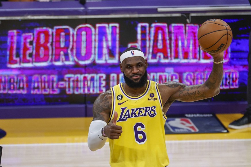 February 7, 2023, Los Angeles, California, USA: Los Angeles Lakers forward LeBron James 6 celebrates after scoring to pass Kareem Abdul-Jabbar to become the NBA, Basketball Herren, USA s all-time lead ...