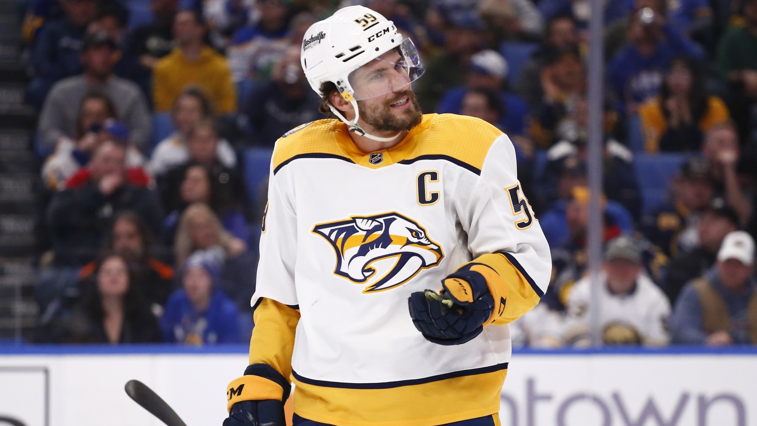 Nashville Predators defenseman Roman Josi (59) argues a call during the second period of the team's NHL hockey game against the Buffalo Sabres, Friday, April 1, 2022, in Buffalo, N.Y. (AP Photo/J ...