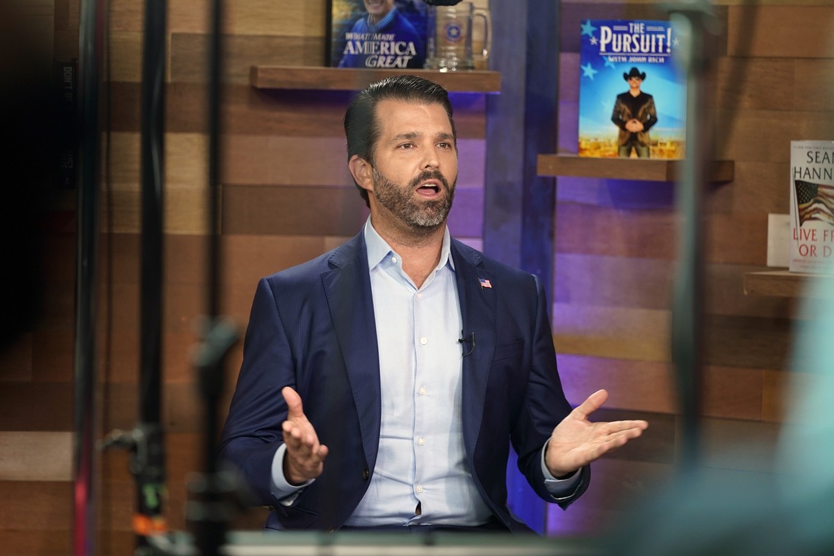 Donald Trump Jr. does an interview on media row at the Conservative Political Action Conference (CPAC) Friday, Feb. 26, 2021, in Orlando, Fla. (AP Photo/John Raoux)
Donald Trump Jr.