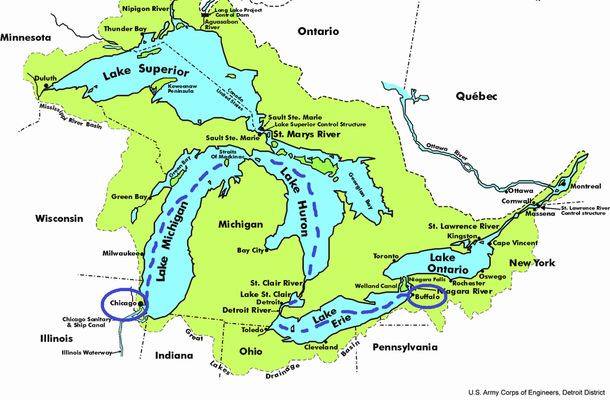 Unternährers Reise von Buffalo nach Chicago (blaue Route) dauerte nochmals fünf Tage.