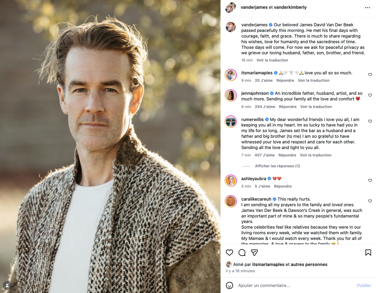 La famille de James Van Der Beek a fait part de son décès dans un communiqué mercredi