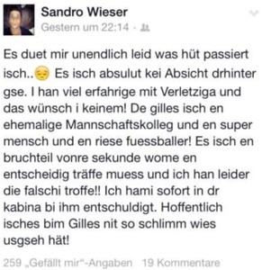 Wiesers Entschuldigung via Facebook wenige Stunden nach dem Spiel.