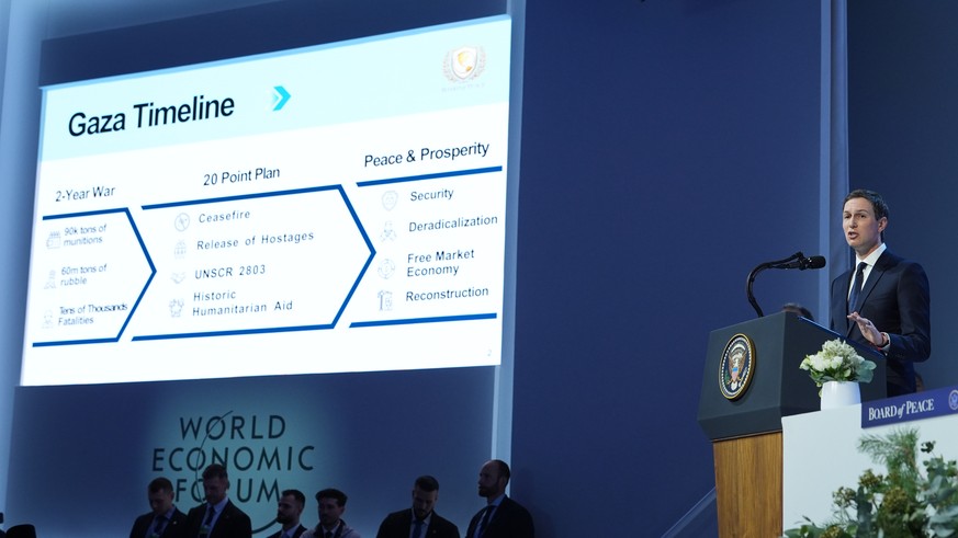 Jared Kushner speaks after the signing of a Board of Peace charter during the Annual Meeting of the World Economic Forum in Davos, Switzerland, Thursday, Jan. 22, 2026. (AP Photo/Evan Vucci)
Jared Kus ...