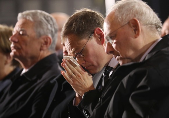 German President Joachim Gauck, Berlin mayor Michael Mueller and Finance Minister Wolfgang Schaeuble attend a commemoration service in the Kaiser Wilhelm Gedaechtniskirche (Kaiser Wilhelm Memorial Chu ...