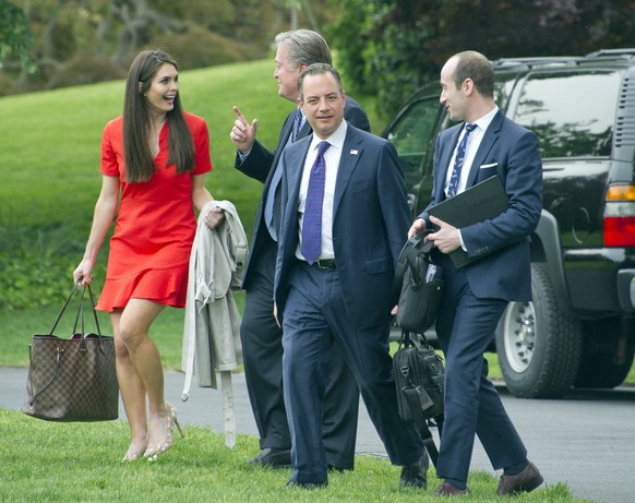 epa05936168 From left to right: Hope Hicks, White House Director of Strategic Communications, Steve Bannon, Chief Strategist, White House Chief of Staff Reince Priebus, and White House Policy Advisor  ...