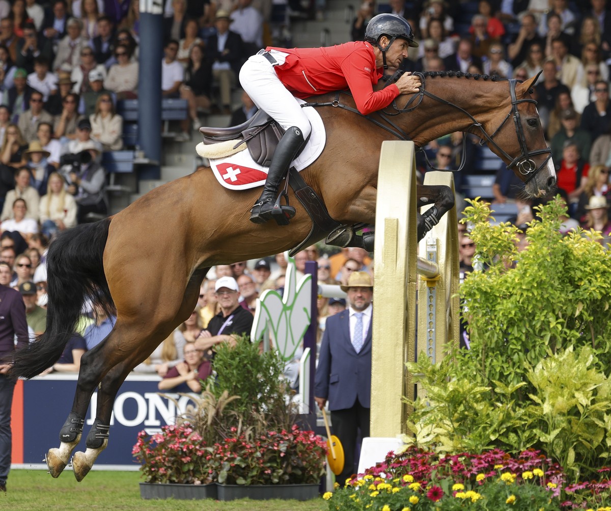 epa13186540 Steve Guerdat from Switzerland rides the horse Dynamix de Belheme competes in the Jumping Final at the World Equestrian Games in Aachen, Germany, 23 August 2026. EPA/CHRISTOPHER NEUNDORF