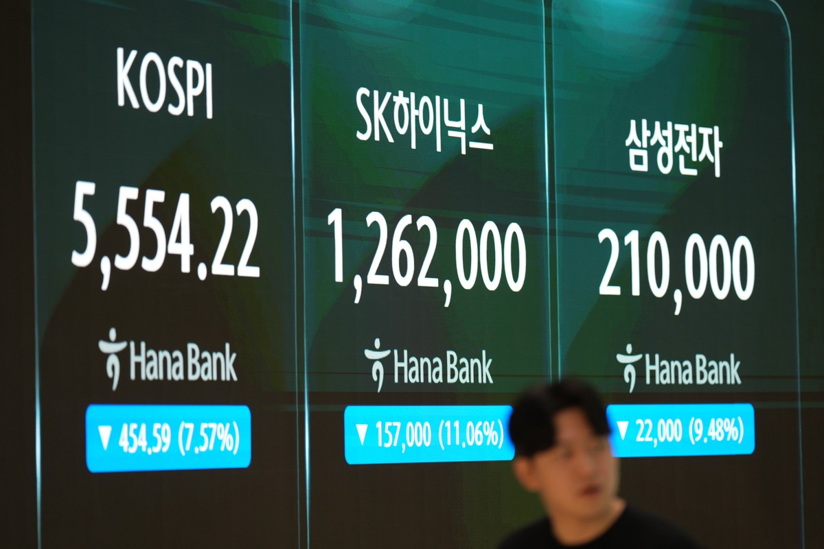A screen shows the Korea Composite Stock Price Index (KOSPI), SK Hynix and Samsung Electronics Co. stock at a dealing room of Hana Bank in Seoul, South Korea, Thursday, Oct. 15, 2026. (AP Photo/Lee Ji ...