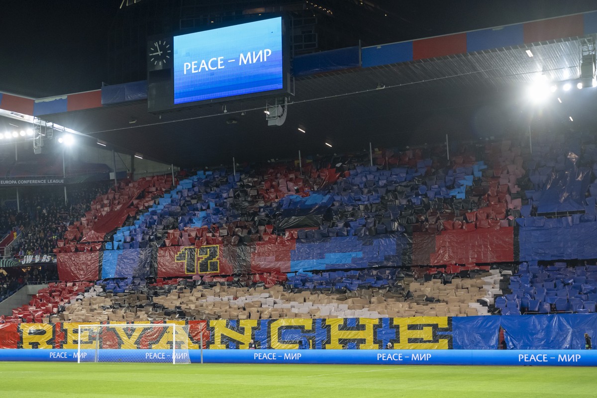Basel's fans demand revenge prior to the UEFA Conference League round of 16 first leg match between Switzerland's FC Basel 1893 and Slovakia's SK Slovan Bratislava at the St. Jakob-Park ...