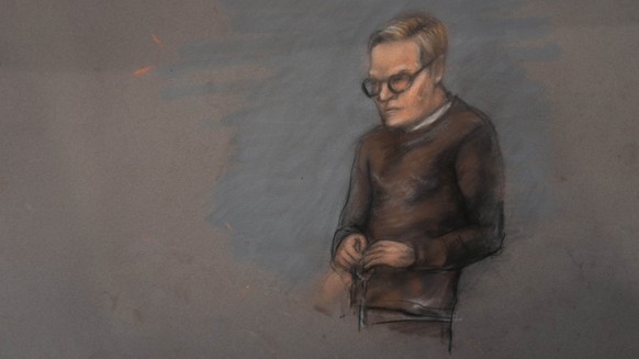 A court sketch of Marius Borg Hoiby during the first day of the trial against him, which is taking place in room 250 of the Oslo District Court, Norway, Tuesday Feb. 3, 2026. (Drawing: Ane Hem / NTB P ...