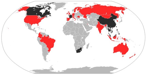 SARS-Pandemie 2002/2003: Betroffene Länder (rot:&nbsp;Infektionen / schwarz:&nbsp;bestätigte Todesfälle).