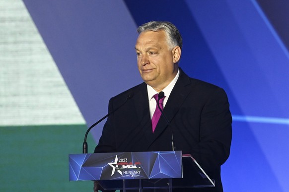 Hungarian Prime Minister Viktor Orban delivers the keynote speech at the opening session of Hungary Conservative Political Action Conference Hungary in Budapest, Hungary, Thursday, May 4, 2023. The tw ...