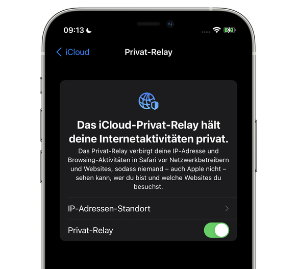 iCloud-Privat-Relay auf einem iPhone 12 Pro. (Public-Beta-Version von iOS 15, 1. Juli 2021)