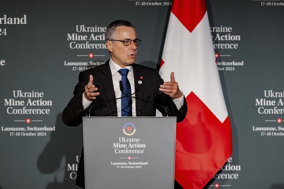 epa11664272 Ignazio Cassis, Swiss Federal Councilor and Head of the Federal Department of Foreign Affairs, speaks during a press conference at the Ukraine Mine Action Conference in Lausanne, Switzerla ...