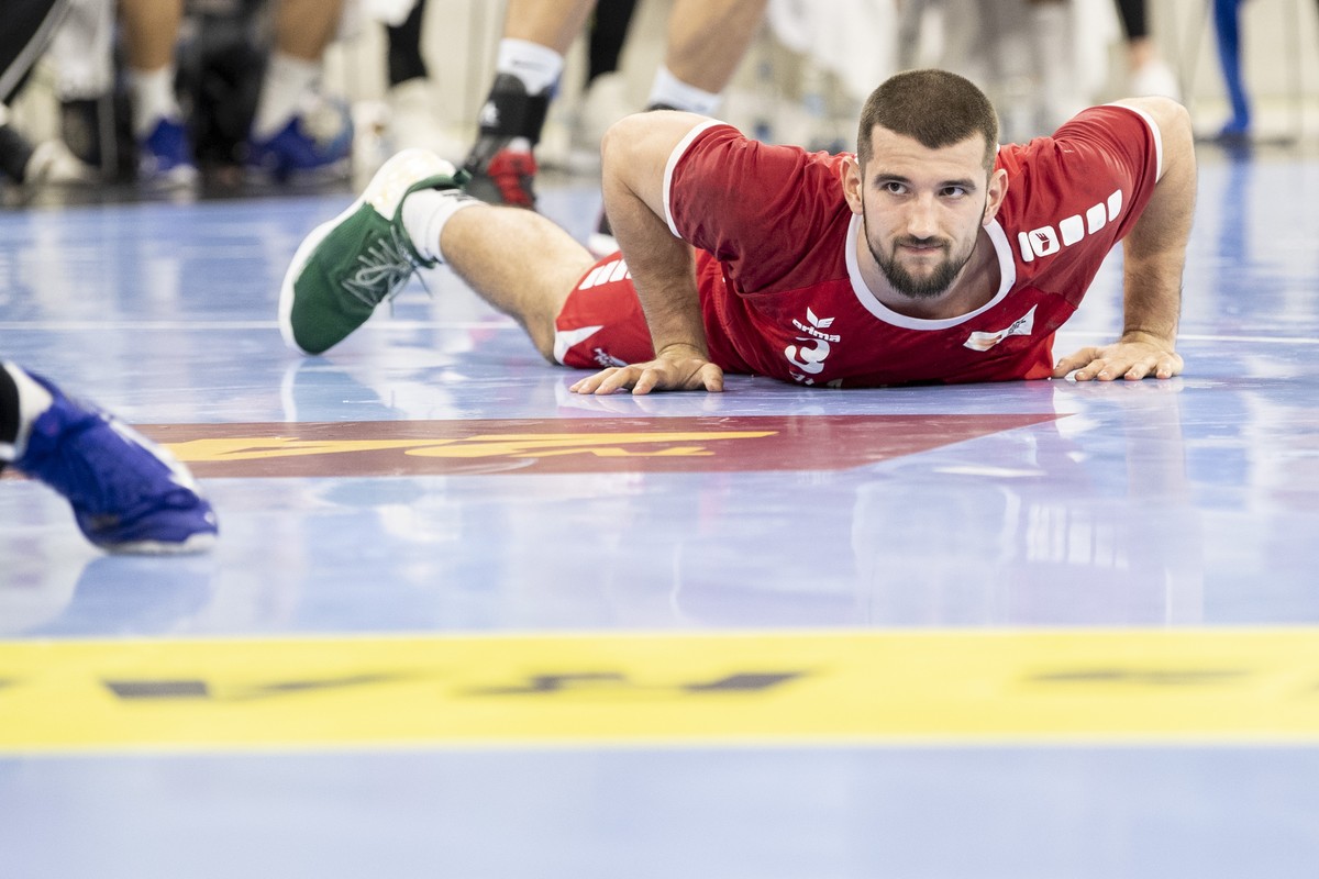Switzerland's Lucas Meister reacts during the Yellow Cup Handball game between Switzerland and Ukraine in Switzerland, Winterthur, Friday 03 January 2020. (KEYSTONE/Ennio Leanza)