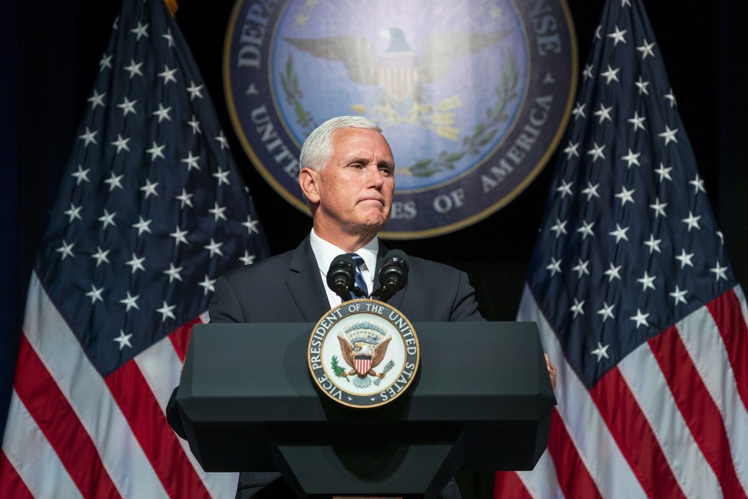 epa06938201 US Vice President Mike Pence speaks on President Trump&#039;s push for a space force at the Pentagon in Arlington, Virginia, USA, 09 August 2018. In June 2018, the President ordered the De ...