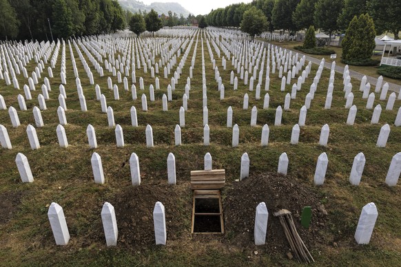 An aerial view of the Srebrenica Genocide Memorial Center and the newly dug grave is seen prior to the mass burial ceremony in Potocari, Bosnia, Thursday, July 10, 2025. (AP Photo/Armin Durgut)
Bosnia ...