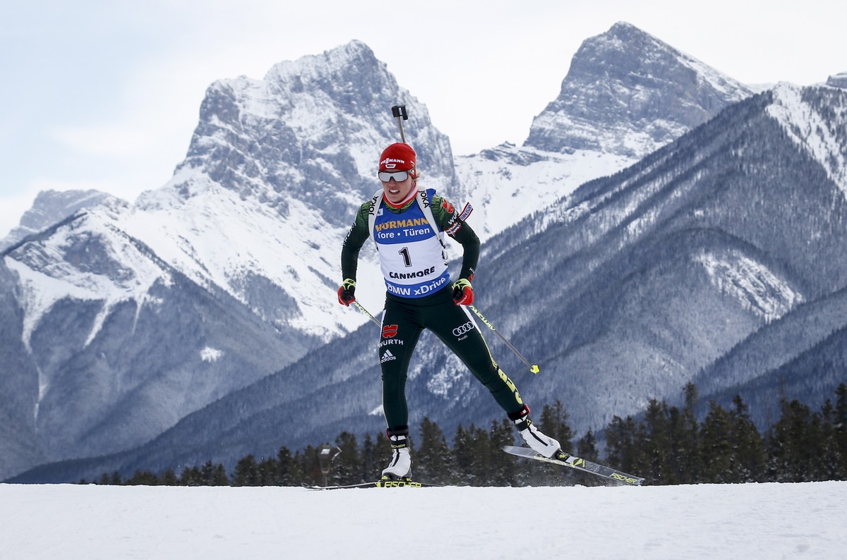 FILE - Germany's Laura Dahlmeier skis during the World Cup biathlon women's short 12.5-kilometer event in Canmore, Alberta, Thursday, Feb. 7, 2019. (Jeff McIntosh/The Canadian Press via AP,  ...