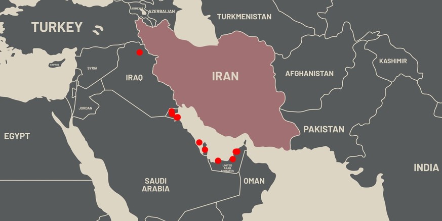 Alle Stützpunkte, die von iranischen Raketen getroffen wurden.