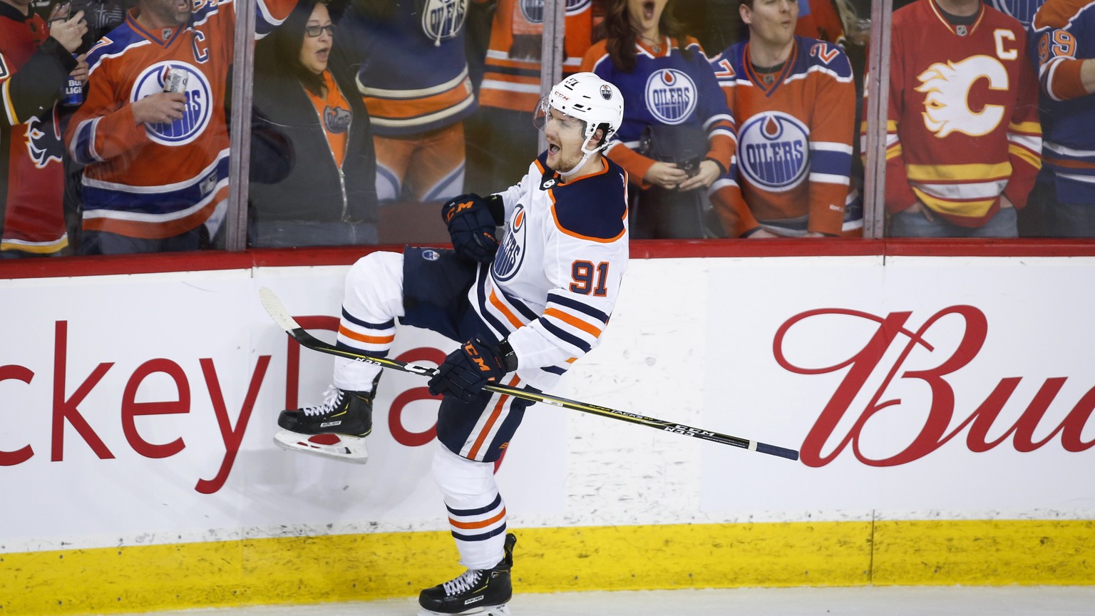 Edmonton Oilers&#039; Gaetan Haas celebrates his penalty-shot goal against the Calgary Flames during the third period of an NHL hockey game Saturday, Feb. 1, 2020, in Calgary, Alberta. (Jeff McIntosh/ ...