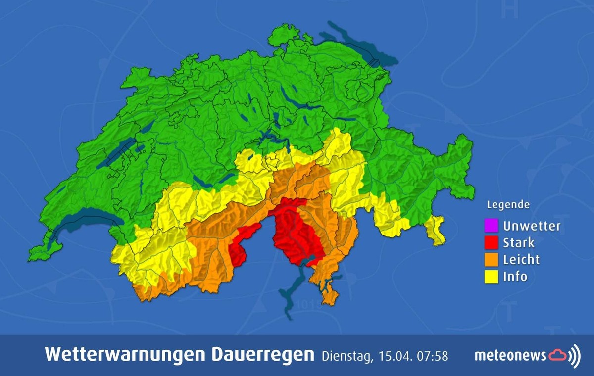 Wetterwarnungen wegen Dauerregen in der Schweiz im April 2025.