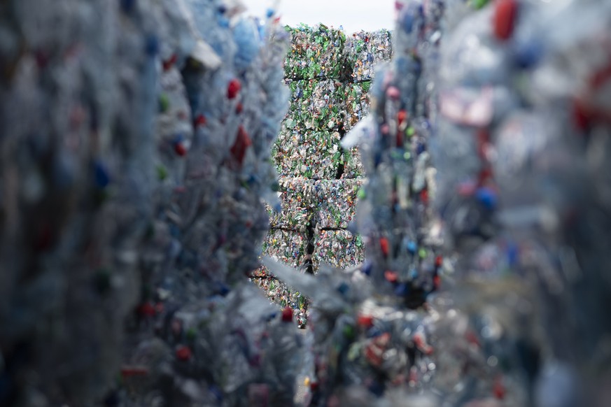 PET bottles, pictured on the occassion of the official opening of the new PET recycling plant of Poly Recycling AG, on Wednesday, April 3, 2019, in Bilten, Switzerland. It is said to be the most moder ...