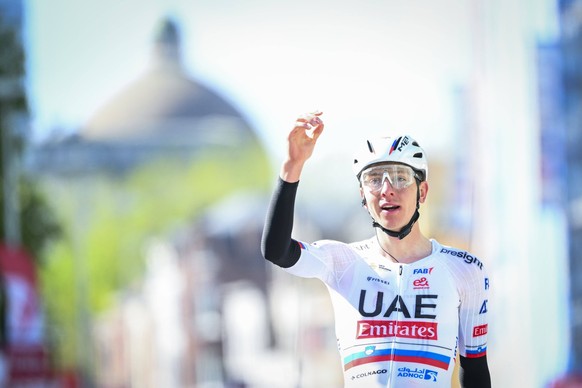 Liege Bastogne Liege 2024 Cycling Race Liege, Belgium - April 21 : Pogacar Tadej SVN of UAE Team Emirates wins the UCI World Tour 110th Liege Bastogne Liege, a cycling race of 254,5 km with start and  ...