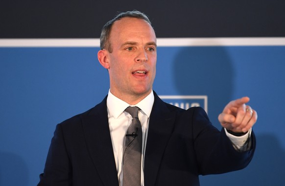 epa07638553 British MP Dominic Raab speaks as he launches his bid to become the leader of the Conservative Party in central London, Britain, 10 June 2019. The deadline for candidates to announce their ...