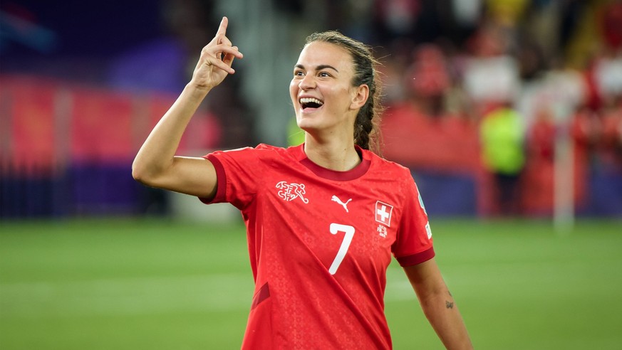 Geneva, Switzerland, July 10th 2025: Riola Xhemaili 7 Switzerland after the UEFA Womens EURO 2025 Group A match between Finland and Switzerland at Stade de Geneve in Geneva, Switzerland. Pedro Porru / ...