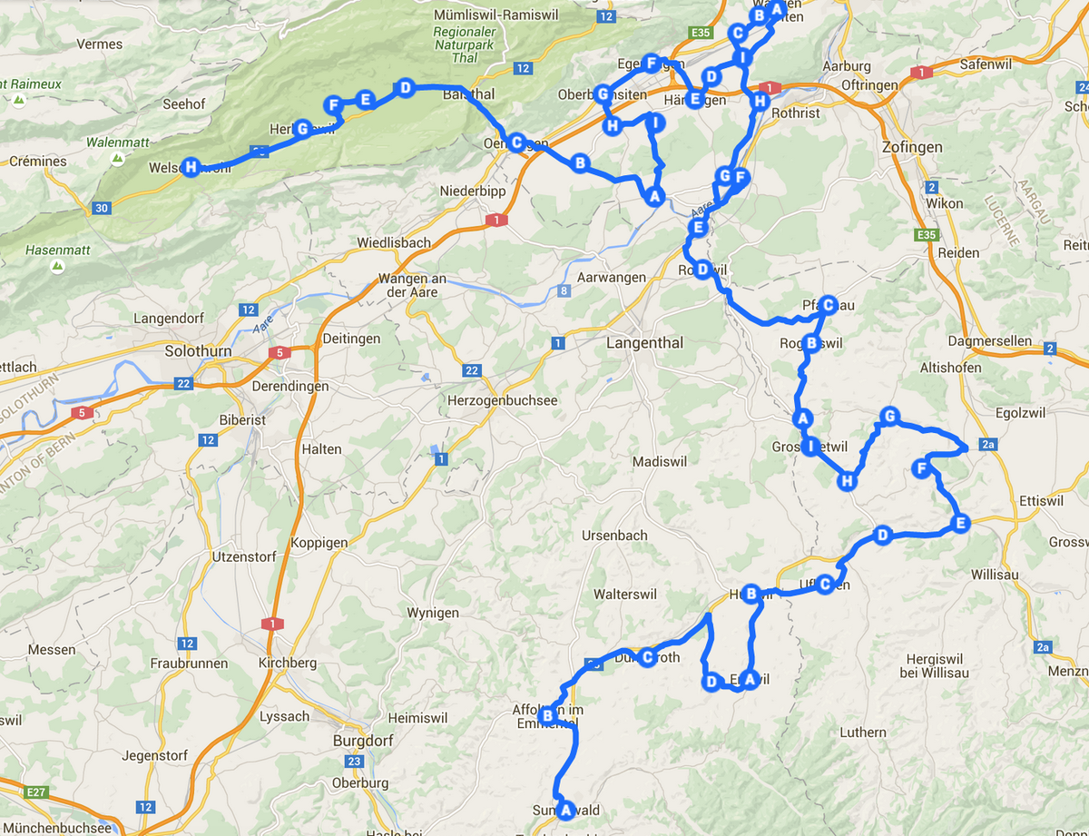 Die ungefähre Strecke der heutigen Etappe von Sumiswald nach Welschenrohr. Hier gibt's die Route.