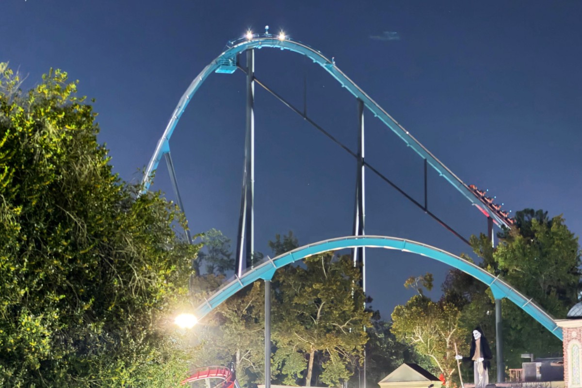 A roller coaster is shown at Six Flags over Georgia on Monday, Oct. 12, 2026, about 15 miles (24 kilometers) northwest of Atlanta. (AP Photo/Emilie Megnien) Correction changes location to outside Atla ...
