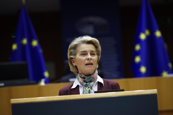 European Commission President Ursula von der Leyen addresses European lawmakers during a plenary to mark International Women&#039;s Day at the European Parliament in Brussels, Monday, March 8, 2021. ( ...